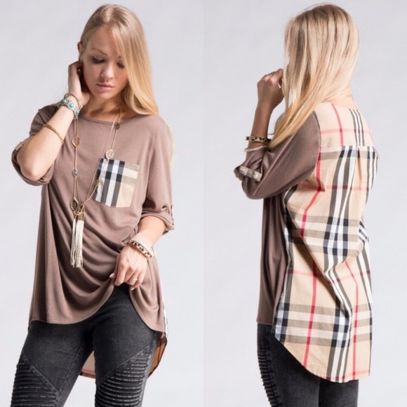 Tops - Last One- Plaid Contrast Back Tunic (Tan)